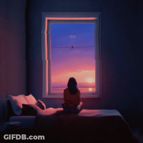 Woman Sitting On Bed Looking Out Window 90'S GIF