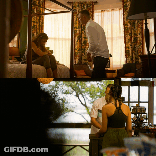 Woman Sitting On Bed Man Standing Beside GIF