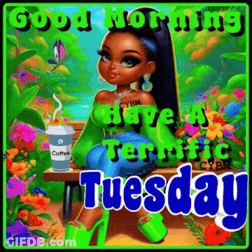 Woman Sitting On Bench With Coffee Good Morning Have A Terrific Tuesday GIF