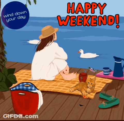 Woman Sitting On Blanket By Water With Cat And Duck GIF
