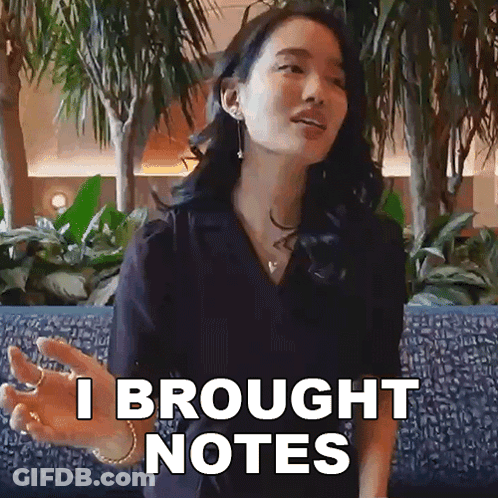 Woman Sitting On Blue Couch Saying I Brought Notes GIF