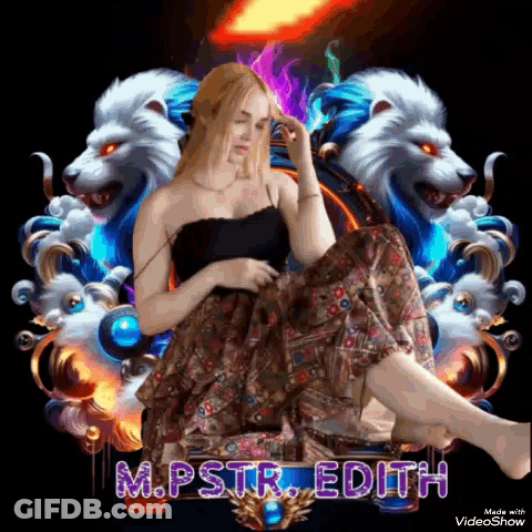 Woman Sitting On Chair With Two Lions GIF