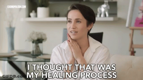 Woman Sitting On Couch Hands On Face Says I Thought That Was My Healing Process GIF