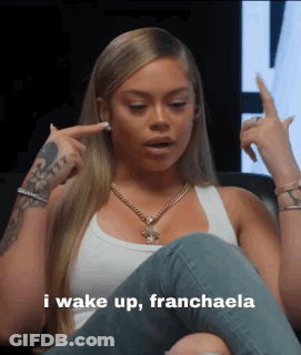 Woman Sitting On Couch Saying I Wake Up Franchaela GIF