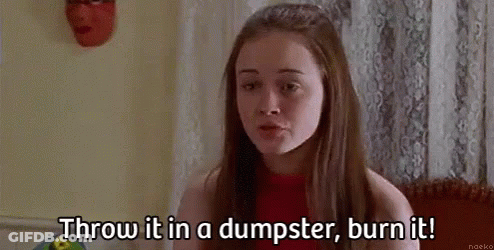 Woman Sitting On Couch Saying Throw It In Dumpster Burn It GIF