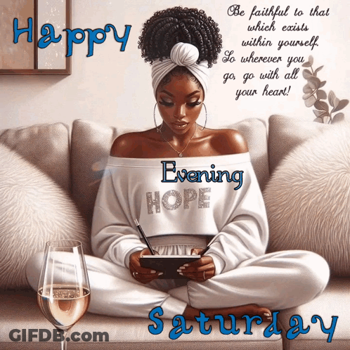 Woman Sitting On Couch With Wine Happy Saturday GIF