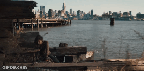 Woman Sitting On Dock With City Background GIF
