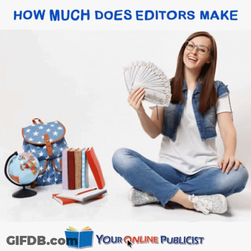 Woman Sitting On Floor Holding Fan Of Money Saying How Much Does Editors Make GIF
