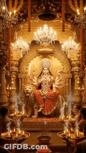 Woman Sitting On Lion In Temple GIF