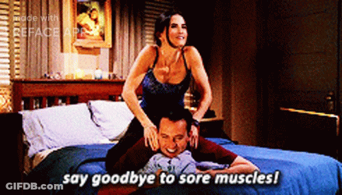 Woman Sitting On Man's Back For Sore Muscles GIF