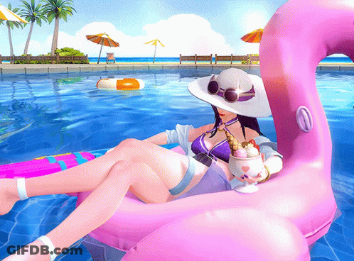 Woman Sitting On Pink Flamingo Float Holding Ice Cream GIF