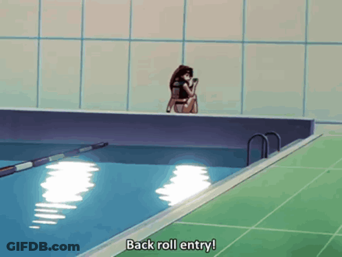 Woman Sitting On Pool Edge Back Roll Entry GIF