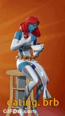 Woman Sitting On Stool Saying Eating Brb GIF