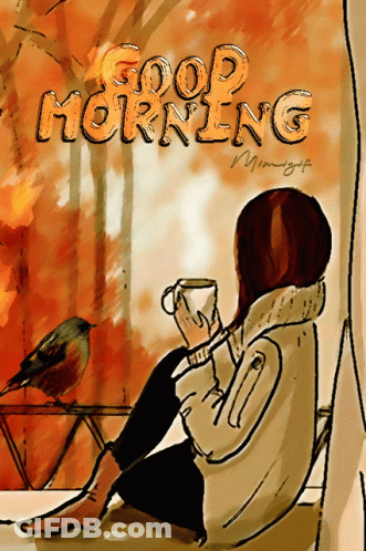 Woman Sitting On Window Sill With Coffee And Bird Good Morning GIF