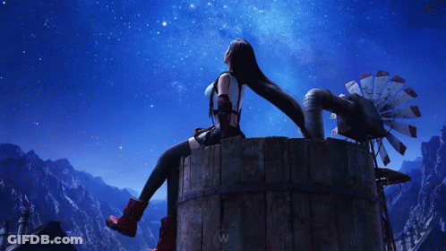 Woman Sitting On Wooden Barrel Looking At Sky GIF