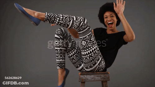 Woman Sitting On Wooden Stool With Legs In The Air GIF