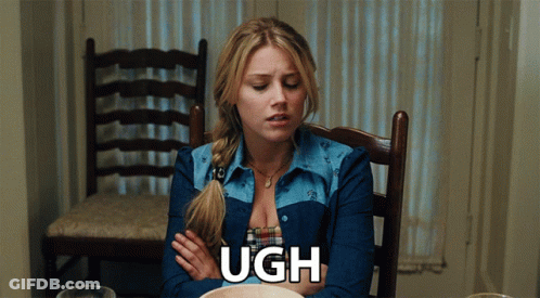 Woman Sitting With Arms Crossed Saying Ugh GIF