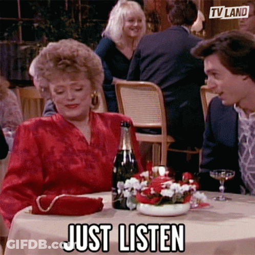 Woman Sitting With Champagne Saying Just Listen GIF