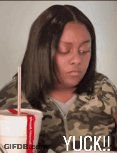 Woman Sitting With Soda And Yuck GIF