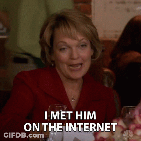 Woman Sitting With Wine Saying I Met Him On The Internet GIF