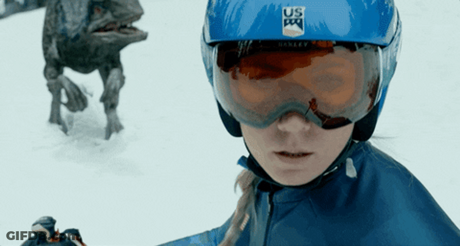 Woman Skiing Velociraptor At Back GIF