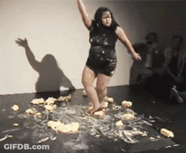 Woman Slip On Messy Floor GIF