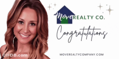 Woman Smiling In Front Of Move Realty Co Congratulations Sign GIF