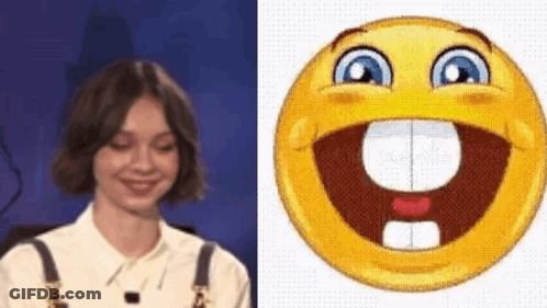 Woman Smiling Next To Smiley Face With Missing Tooth GIF