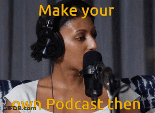 Woman Speaking Into Microphone Saying Make Your Own Podcast GIF