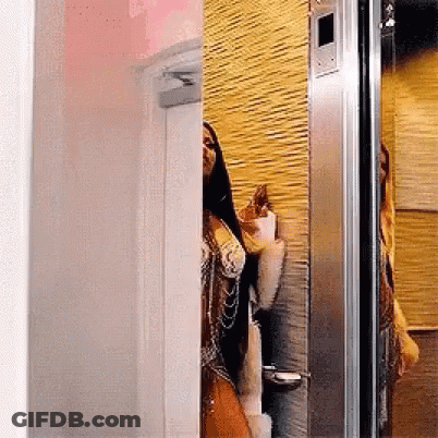 Woman Standing In Elevator With Cat Behind GIF