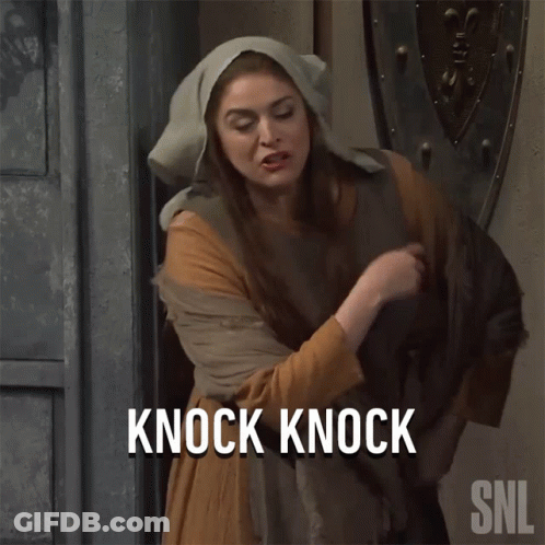 Woman Standing In Front Of Door Saying Knock Knock GIF