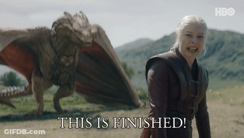 Woman Standing In Front Of Dragon Saying This Is Finished GIF