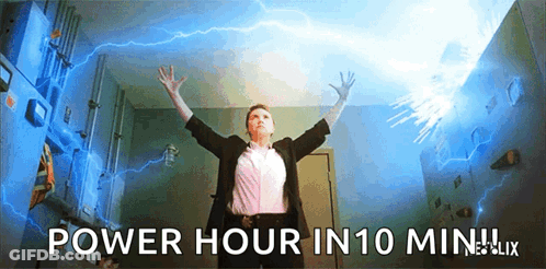 Woman Standing In Front Of Lightning Bolt Power Hour In 10 Min GIF