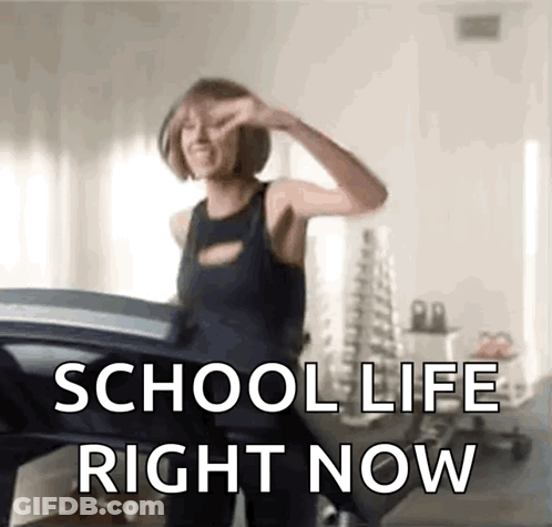 Woman Standing In Front Of Treadmill Saying School Life Right Now GIF