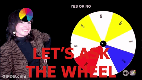 Woman Standing In Front Of Yes Or No Wheel GIF