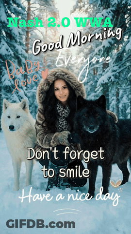 Woman Standing In Snow With Two Wolves Says Good Morning Everyone GIF