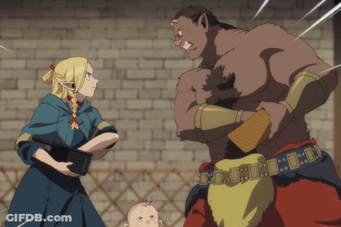 Woman Standing Next To Monster With Belt Saying 00 GIF