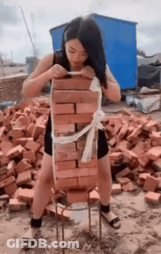 Woman Standing Next To Pile Of Bricks Holding Brick GIF