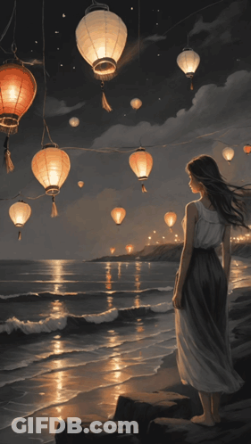 Woman Standing On Beach Looking At Lanterns GIF