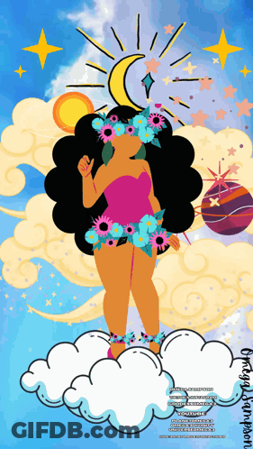 Woman Standing On Cloud With Crescent Moon GIF