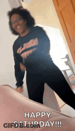 Woman Standing On Pink Couch Happy Saturday GIF
