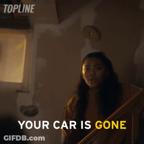 Woman Standing On Stairs With Your Car Is Gone GIF