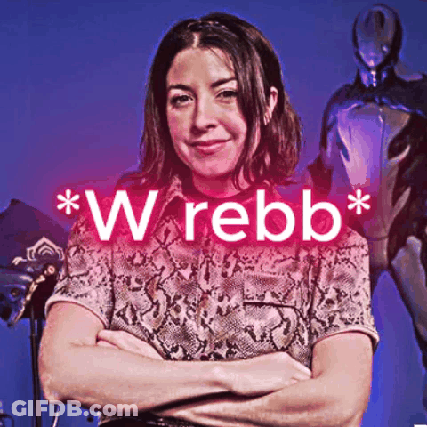 Woman Standing With Arms Crossed In Front Of Wrebb Sign GIF