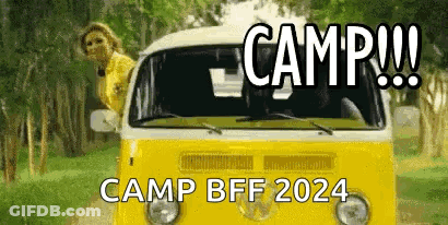 Woman Sticking Head Out Of Yellow Van Camp BFF 2024 GIF