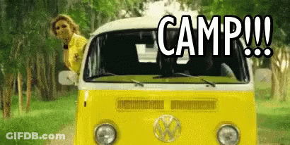 Woman Sticking Head Out Of Yellow Van Saying Camp!!! GIF
