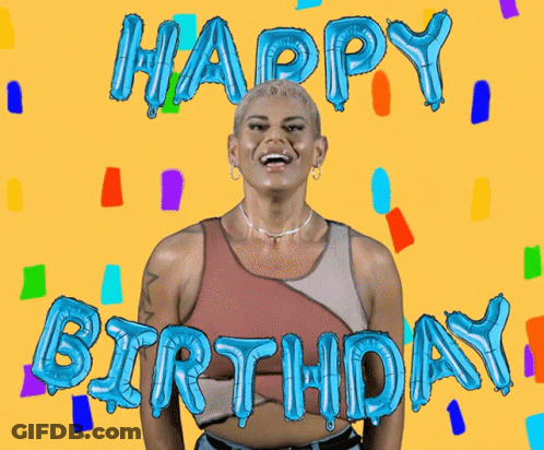 Woman Surrounded By Blue Balloons Saying Happy Birthday GIF