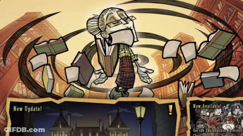 Woman Surrounded By Books And Papers Saying New Update GIF