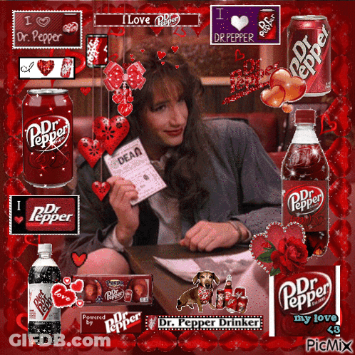 Woman Surrounded By Dr Pepper Products GIF