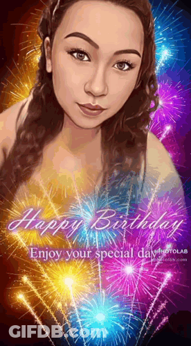 Woman Surrounded By Fireworks Happy Birthday GIF