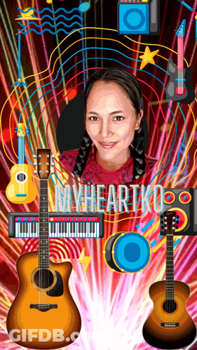 Woman Surrounded By Guitars Saying My Heart Koo GIF